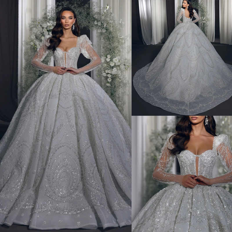 Brilliant Wedding Dresses Ball Gown Deep V-Neck Lace Crystal Appliques Beading with Bling Sequins Floor-Length Court Gown Customized Bridal Gowns Vest