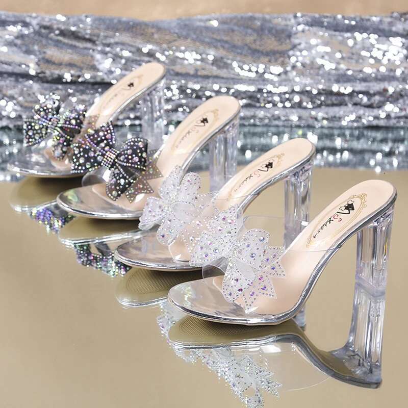 Heels Rimocy High Crystal Bowtie Slippers Women 2025 Summer Open Toe Transparent Pvc Sandals Woman Clear Heeled Party Slides