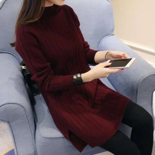 2020 Autumn/Winter New Korean Style Women's Knitted Top Jacket Medium-Length Dress Loose-Fit Pullover Sweater Crew Neck Design