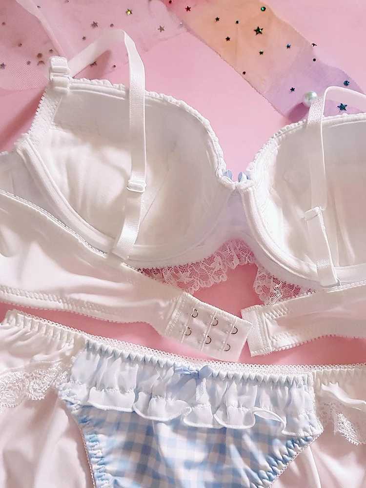 Japanese lingerie cute girl sweet blue black white bubble gum with steel rims thin and large apron bra setXJ250301