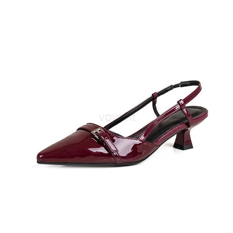 2024 New Summer French Wine Red Pointed Patent Leather Mid-heel Over Sandals for Wen Retro Skinny Heel Back Emp Shoes Z250326