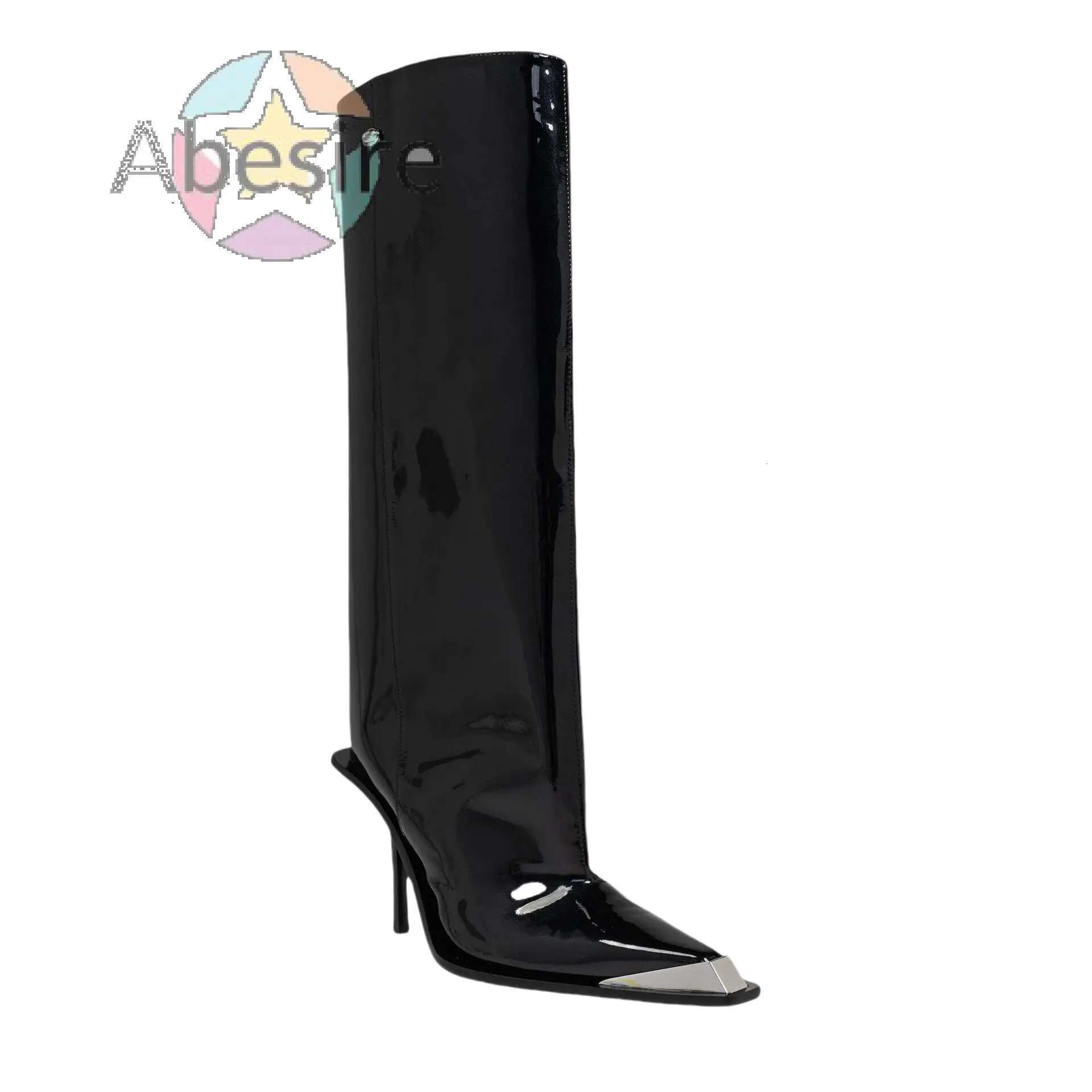 2024 Autumn And Winter New Metal Square Toe Slip On Patent Leather High Stiletto Sexy Knee-High Modern Boots For Women