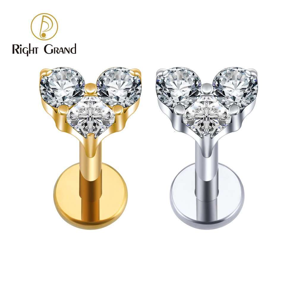 Right Grand ASTM F136 Titanium 16G CZ Heart Cartilage Conch Tragus Helix Stud Earring with Flat Back Medusa Monroe Piercing