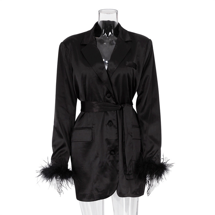New3 Early Autumn New Fashion And Temperament Suit Collar Ostrich Hair Long Sleeve With Waist Wrapped High Grade A-Line Dress