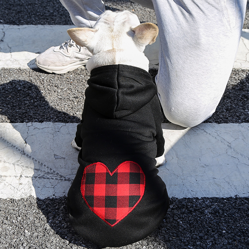 Stylish Dog Hoodie with Plaid Embroidered Heart, Dog Paw Pattern, Puppy Streetwear Autumn Winter Cotton Sweatshirt Fashion Outfit for Small Medium Lar