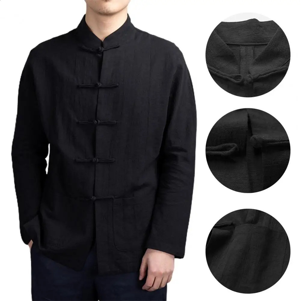 Solid color stand up collar shirt traditional Chinese mens shirt Wenhua collar long sleeved shirt suitable for Kung Fu 250225