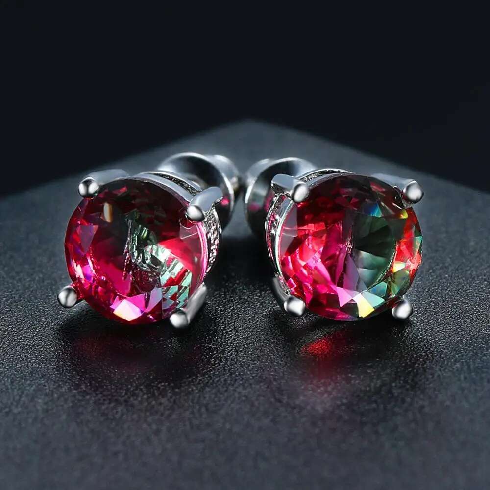 Red Crystal Round Stone Stud For Women Men Wedding Jewelry Mystic Rainbow Fire Blue Green Zircon Double Earrings