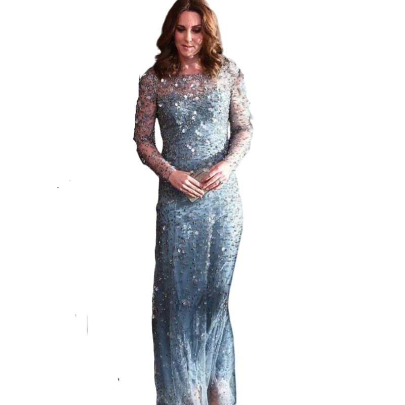 Sparkly Sequined Evening Dresses Beaded Light Blue Jewel Sheer Neck Luxury Long Sleeves Prom Dress Floor Length Formal Gown For Women 2025