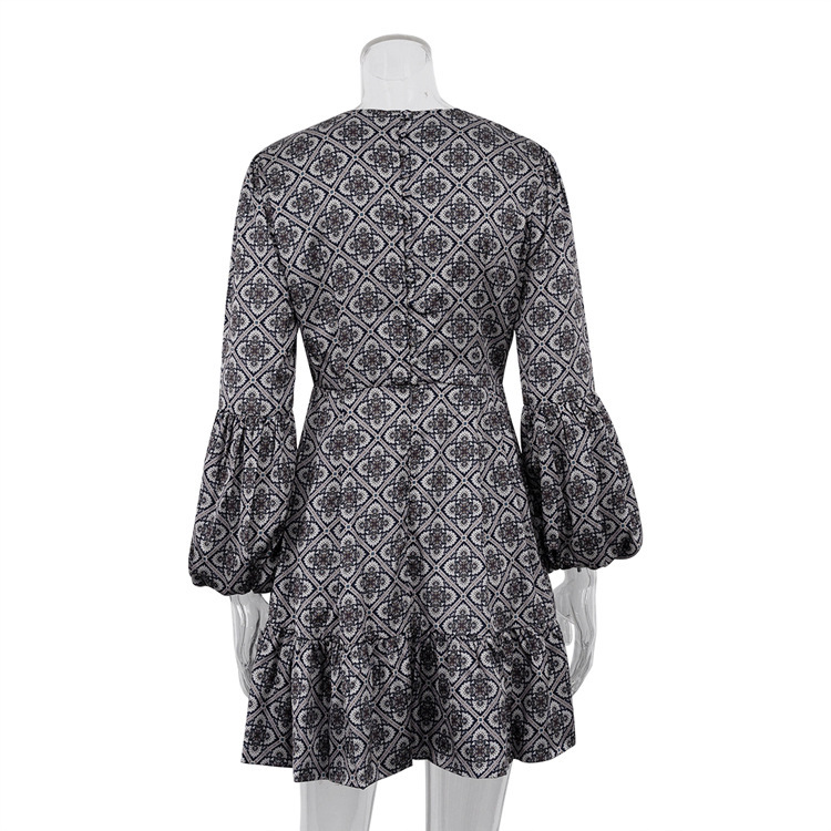 New4 Early Spring New Ethnic Style Round Neck Slim Fit Printed Skirt Tea Break French Long Sleeved Dress For Women