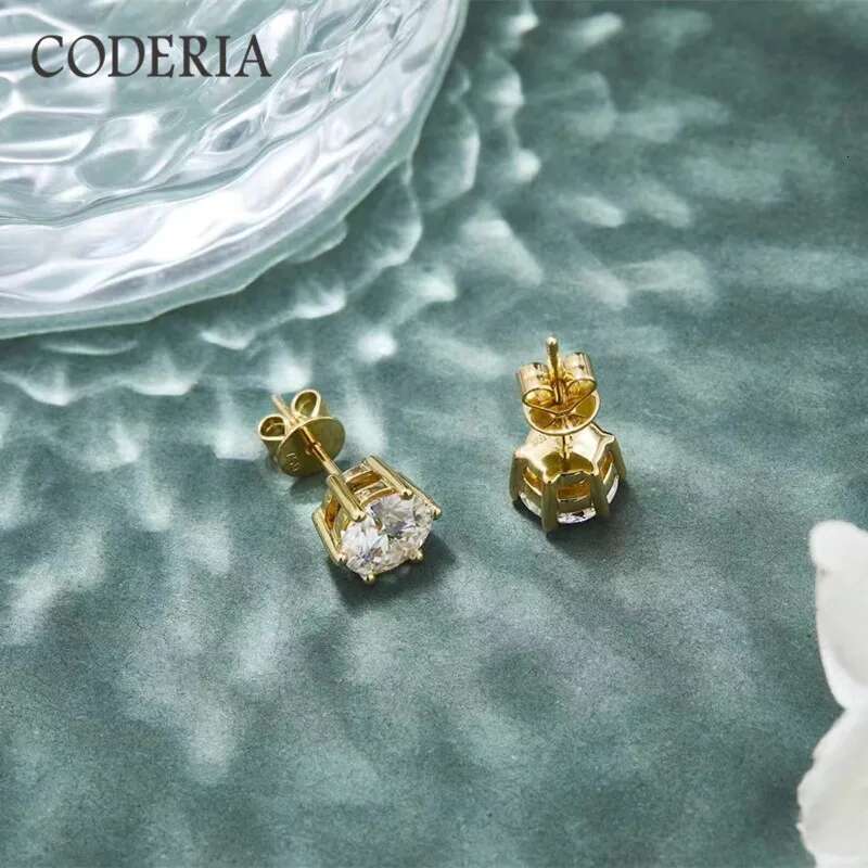 Certified Moissanite 14K Yellow Gold Stud Sterg Sier 1-2 CT Wedding 6 Prongs Dia Earrings Classic Jewelry