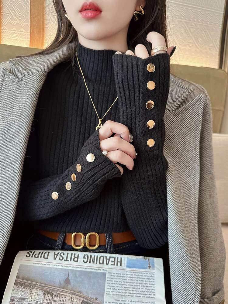 women thick pullovers thic casual autumn winter button o-neck chic sweater female slim knit top soft jumper tops