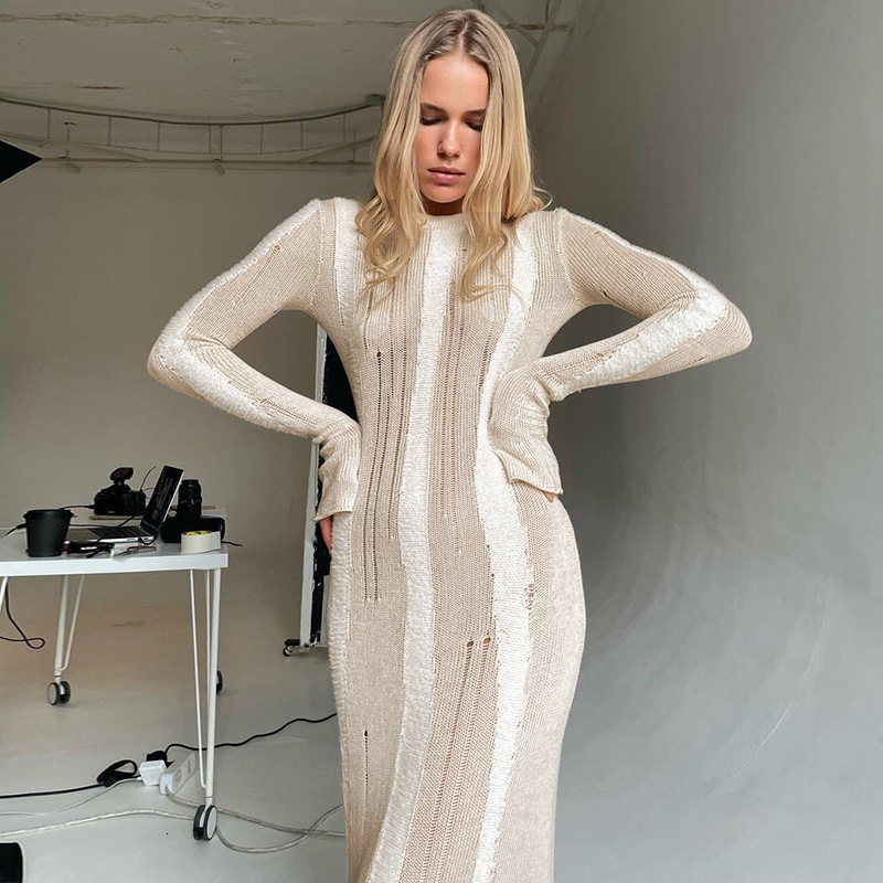 Women's 2023 Autumn/Winter New Fashion and Sexy Wool Weaving Hole Slim Fit Long Sleeve Dress