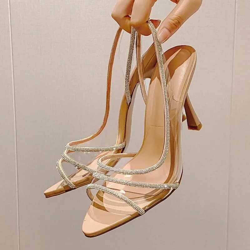 Wen Summer Rhine Slingback Pumps Off Lady Transparent Heeled Sandals Elegant Pointed Toe Fem Sexy High H Y250319