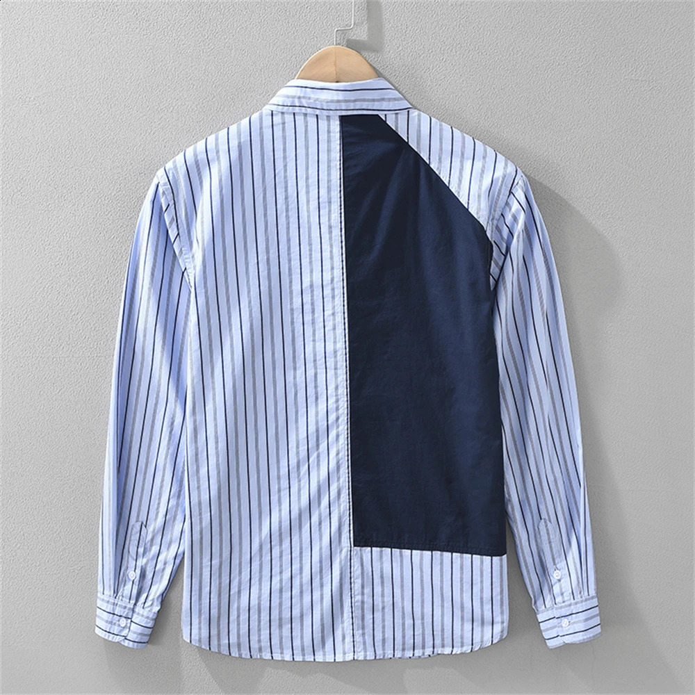 mens shirt long sleeve splicing stripe Casual shirts Spring mens clothing tops Pure cotton clothes for man daily wear 250225