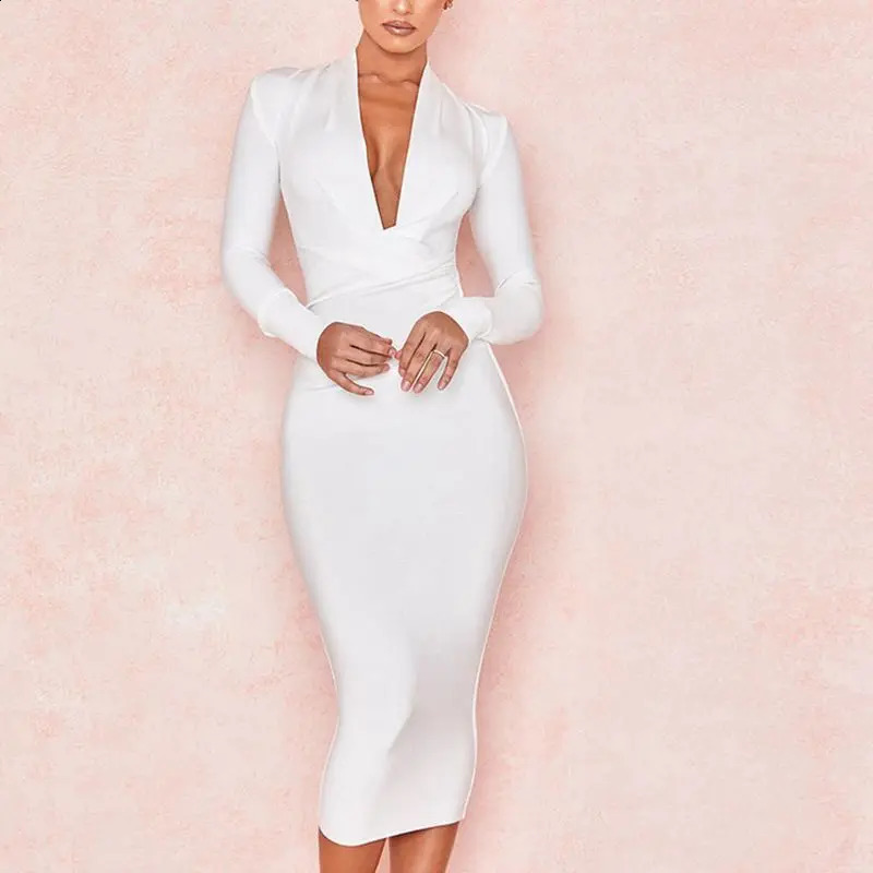 Womens Deep V Neck Bandage Dress Long Sleeve Folds Bodycon Black Midi Sexy Elegant Club Celebrity Runway Evening Party Dresses 250226
