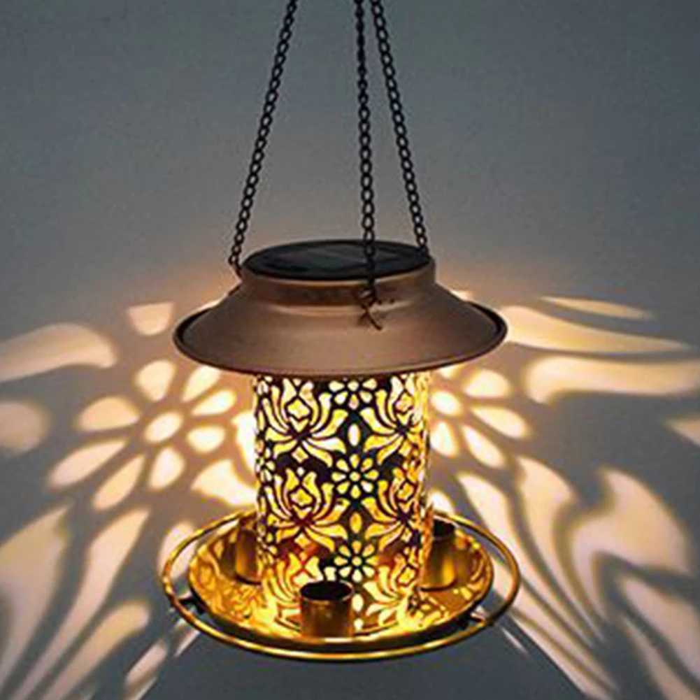 Solar Energy Bird Feeder Waterproof Solar Light Wild Hanging Bronze Metal Tray Solar Lantern for Outdoors Garden Tree DecorationC250301
