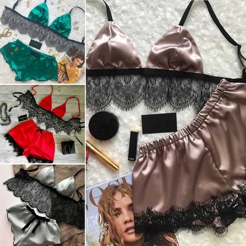 New womens sleepwear set sexy lingerie silk satin sleepwear crop top bra+shorts set sexy V-neck sleeveless sleepwearXJ250301