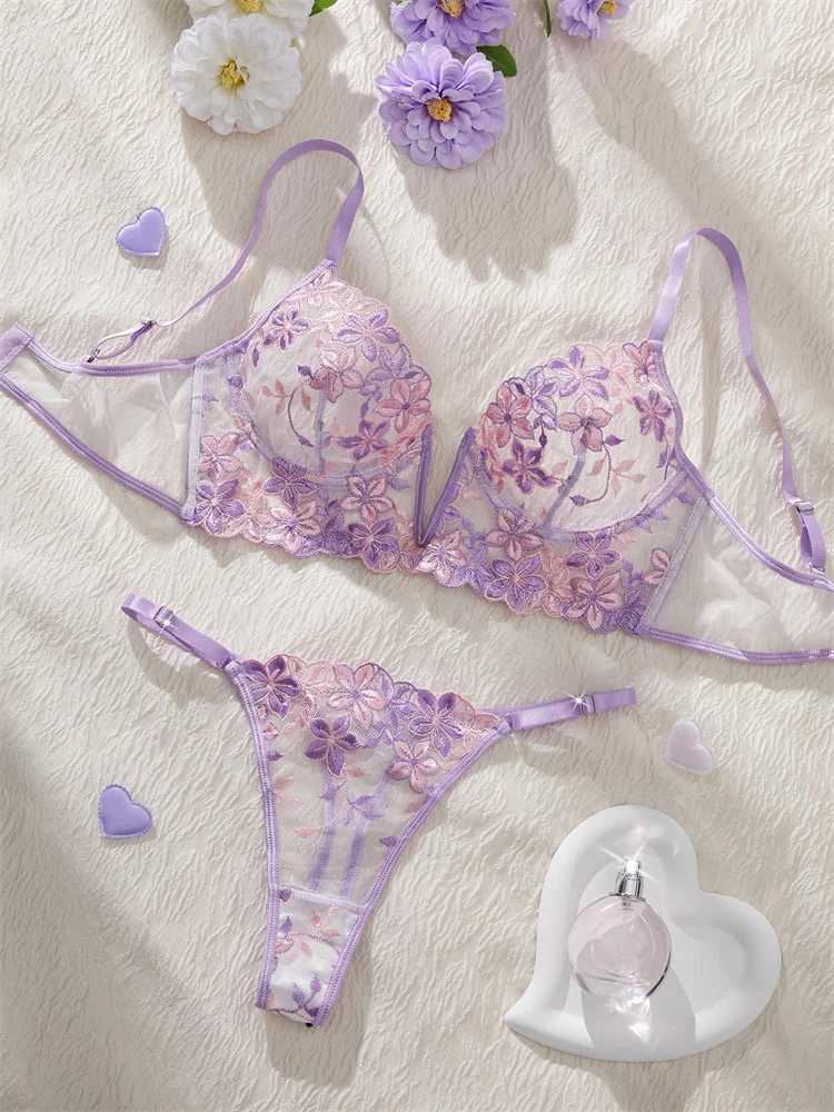 Womens Lingerie Ultra Sexy Romantic Purple Lingerie Set Deep V Push Up Bra Mesh Underwear Bi-color Embroidery Fancy UnderwearXJ250301