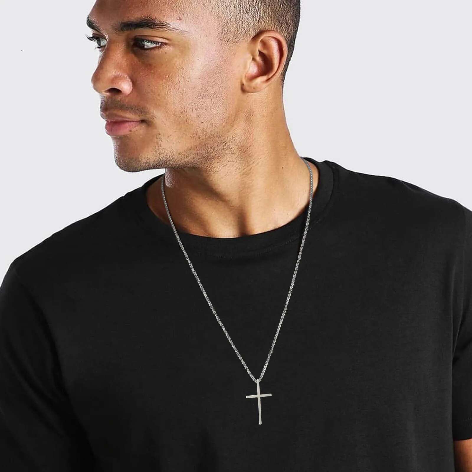 Vnox Mens Necklaces, Stainless Steel Layered Plain Cross Pendant, Rope Box Chain Necklace, Simple Prayer Jesus Collar