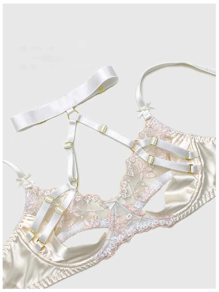 Fashion Print Embroidery Porno Underwear Sets Spliced Backless Lingerie Sexuality Sheer Vintage Lace 3 Pieces SuitXJ250301