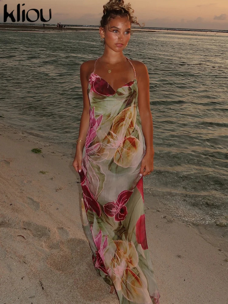 kliou Floral Print Women Dress Vacation Beach Style Suspendency Backless Halter Split Thin Vestidos Female Trend Attractive Wear 250224