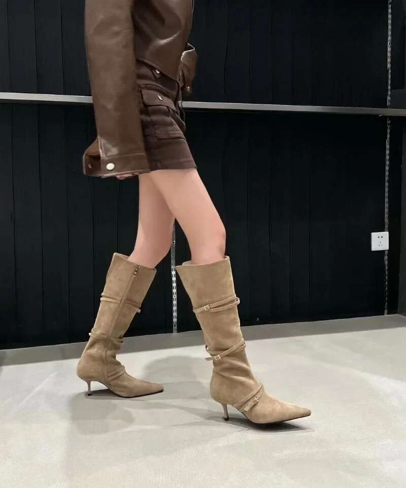 Leisure Mid Calf Winter Zip Pointed Toe Ck Shoes For Women Thin High Heels Solid Modern Boots Atos