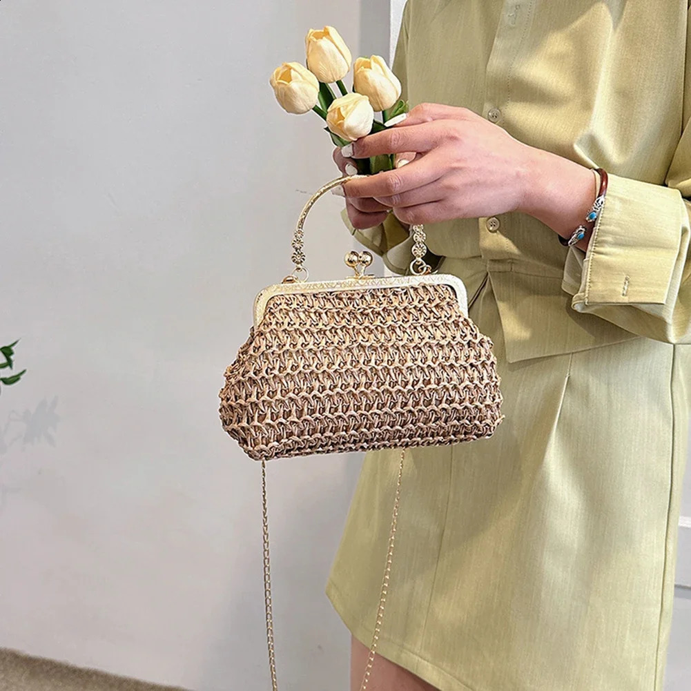 Chain Handwoven Handbags Summer Female Clutch Bag Simple Texture Dinner Party Handmade Casual Elegant Fashion Handheld Purse 250227Z