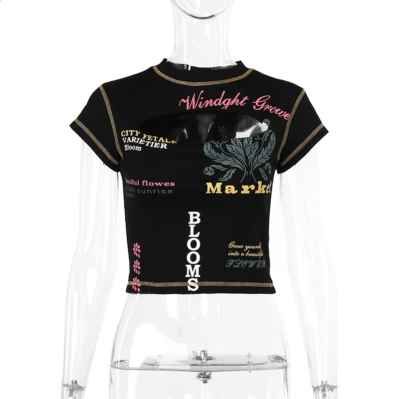 GraphicT Shirts Black Cut Out Short Sleeve Crop Tops Trashy Y2k 2000s Streetwear Trendy Clothes for Women YJ23656MH250222