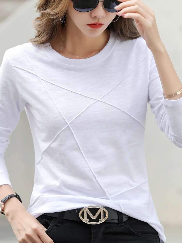 Ribbed Sping Fashion Bamboo Cotton T-Shirt Autumn Women O-Neck Loose Simple Purple Tshirt Long Sleeve Ladies Green Cozy Top