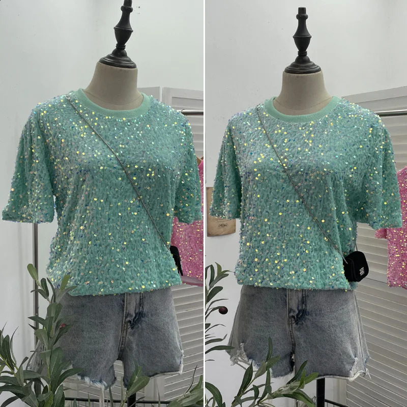 Womens Pink Sequined Short-Sleeved T-shirt Loose Nightclub Blingbling Sweet Short Top 9088 Y2k Essential Streetwear Outfit 250225