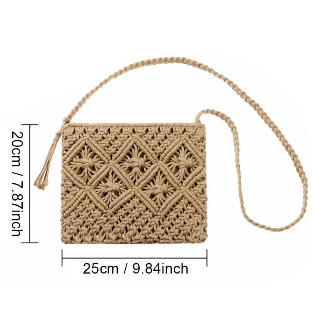 Retro Crochet Purses Woven Tassel Clutch Bag Bohemian Tassel Straw Beach Bag Crossbody Handbag Simple Beach Bags 250305