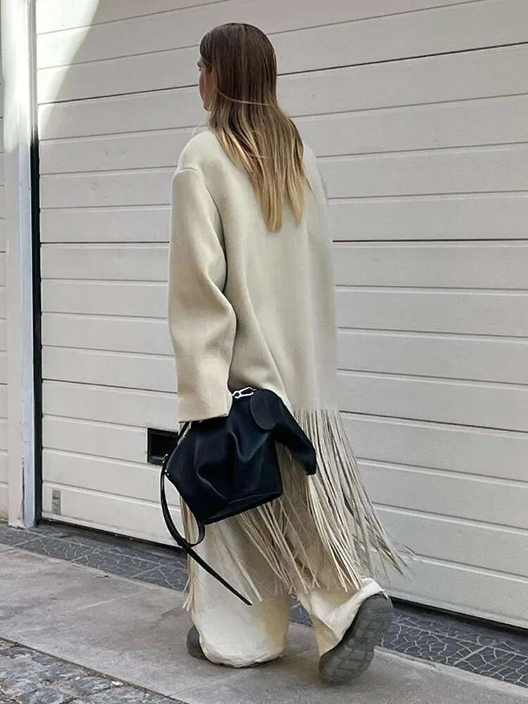 Tassel Apricot Women's Coat Elegant Autumn Long Sleeve Lapel Female Coats 2024 Winter Fashion Streetwear Pocket Lady Overcoats