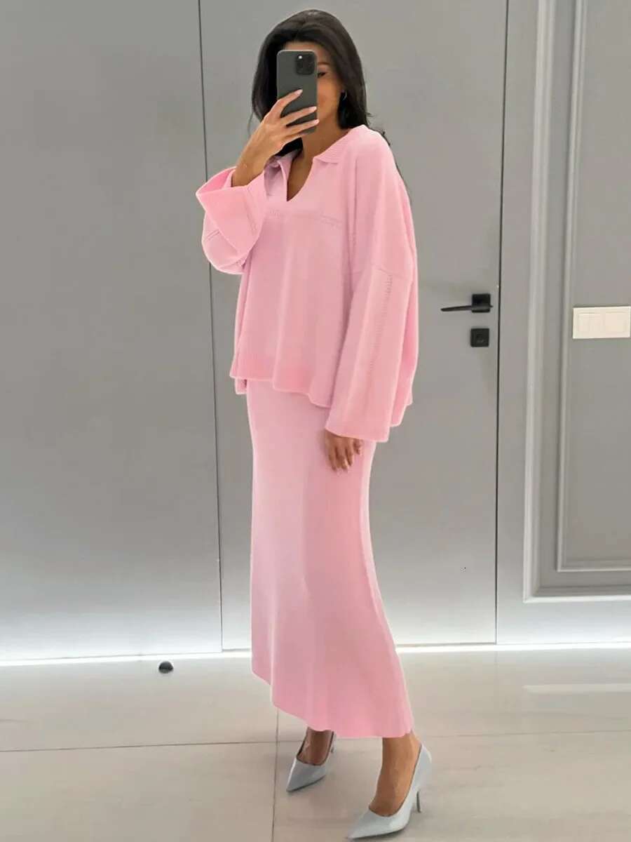 Autumn Winter Women V-Neck Sweater Skirt Fashion Solid Basic Pullover Top Warm Loose Knitted 2-Piece Set