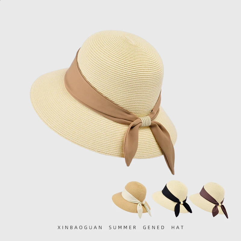 Summer Womens Sun Hat Wide Brim Foldable French Tie Straw UV Protection Casual Sun Hat for Outdoor Activities 55-58cm 250227