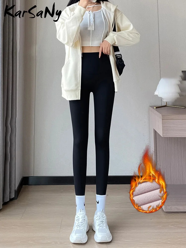 KarSaNy Black Gym Leggings Women Winter Warm Push Up Fleece Tights High Waist Women Warm Leggings For Fitness Fleece Pants 250225