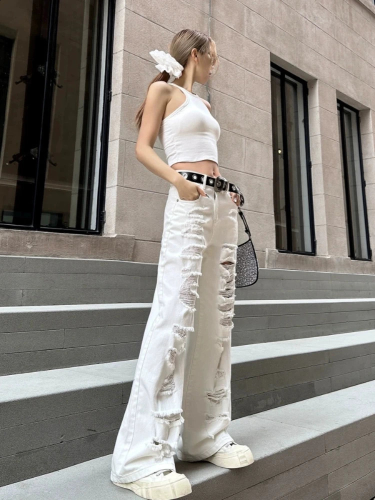 ADAgirl White Ripped Baggy Jeans Women Hole Wide Leg Straight Denim Pants Hip Hop Summer Slouchy Trousers Loose Causal Korean 250225