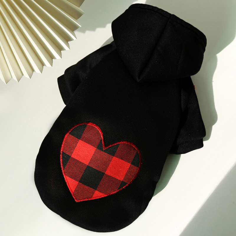 Stylish Dog Hoodie with Plaid Embroidered Heart, Dog Paw Pattern, Puppy Streetwear Autumn Winter Cotton Sweatshirt Fashion Outfit for Small Medium Lar