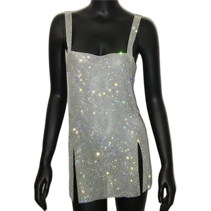 Glisten Metal Rhinestone Summer Dress For Women Backless Split Dress Sleeveless High Waist Bodycon Night Party Mini Dresses250222