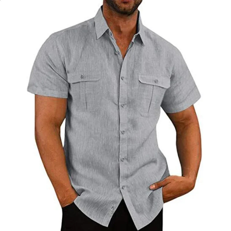 Cotton linen selling mens short sleeved summer solid color stand up collar casual beach style plus size mens shirt M-5XL 250225