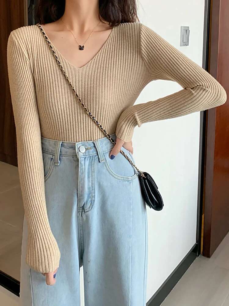 2024 Basic B-neck Solid Autumn Winter Pullover Women Female Knitted Ribbed Slim Long Sleeve Badycon High Quality Sweater