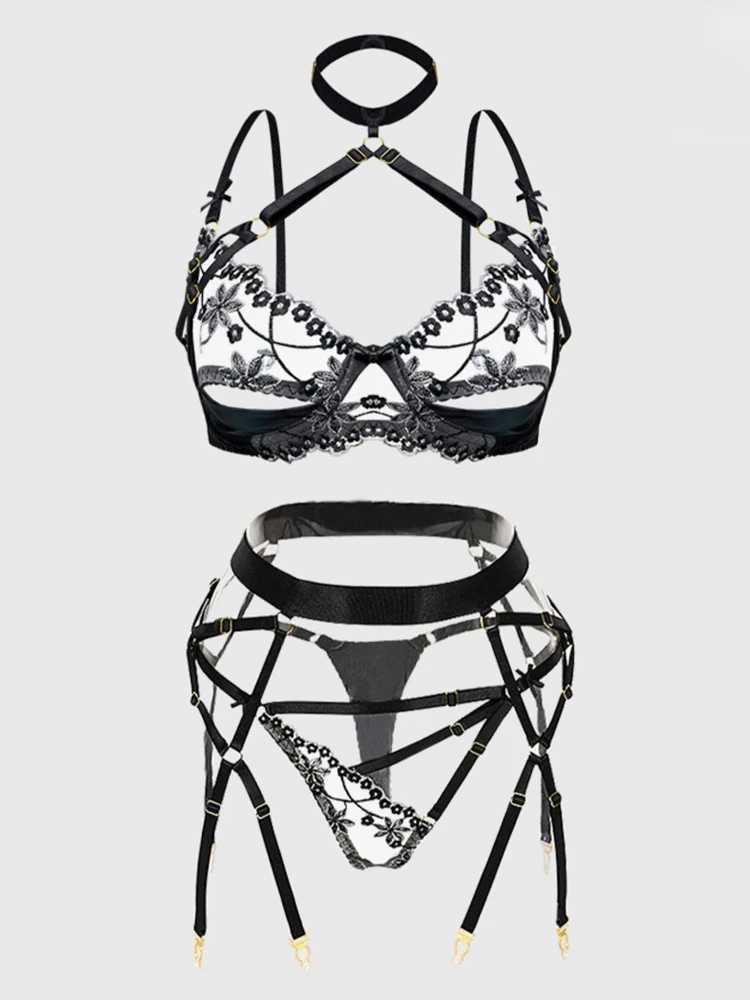 Fashion Print Embroidery Porno Underwear Sets Spliced Backless Lingerie Sexuality Sheer Vintage Lace 3 Pieces SuitXJ250301
