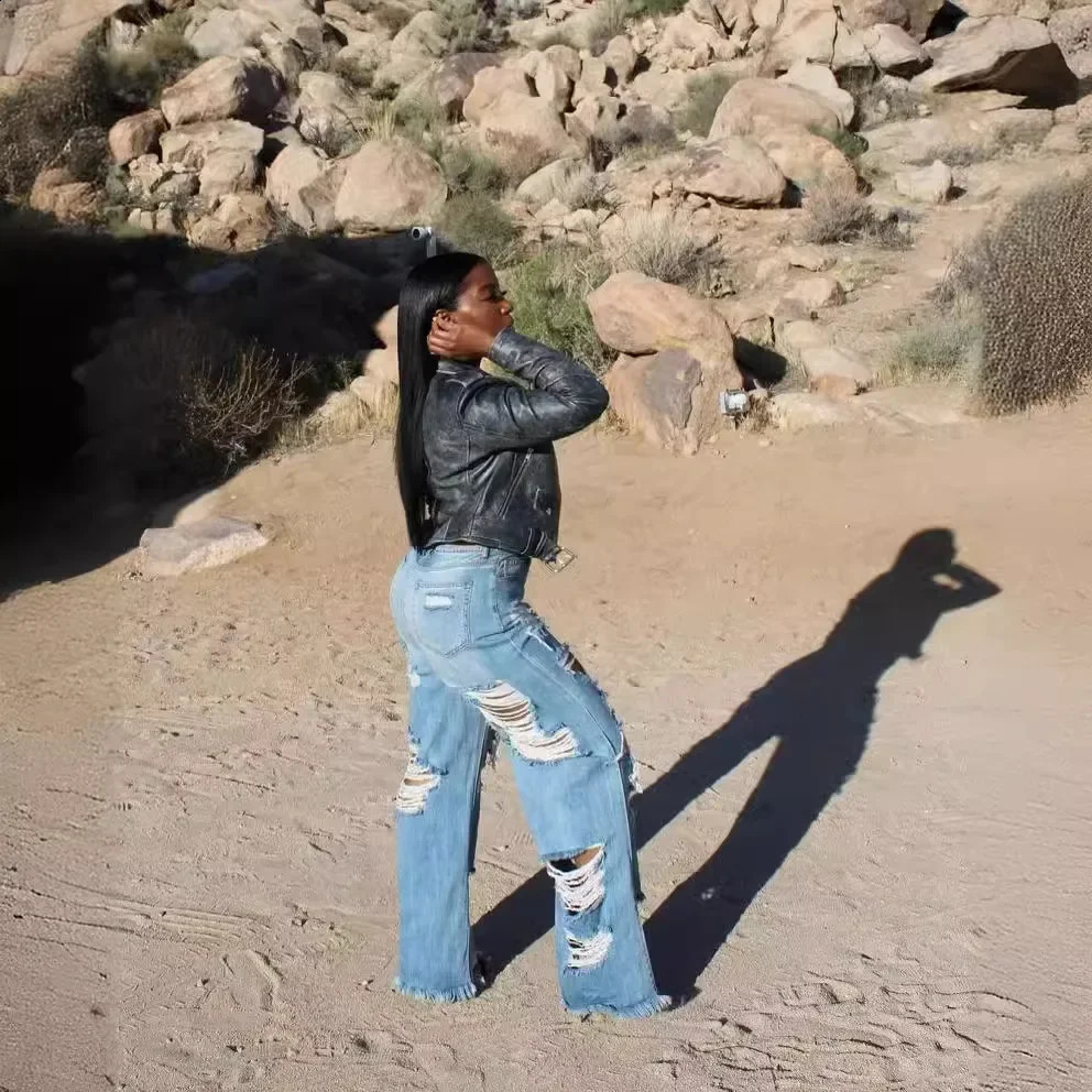 Womens Jeans Long Pants Elegant Splice Denim Pants Slim Y2k Sexy Hole High Waist Button Pocket Straight Trousers Summer 250225