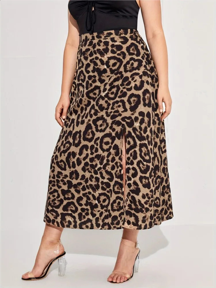 Plus Size Summer Leopard Print Skirts Women Split Fashion Sexy High Waist Ladies Skirts Pleated Woman Long Skirts 250224
