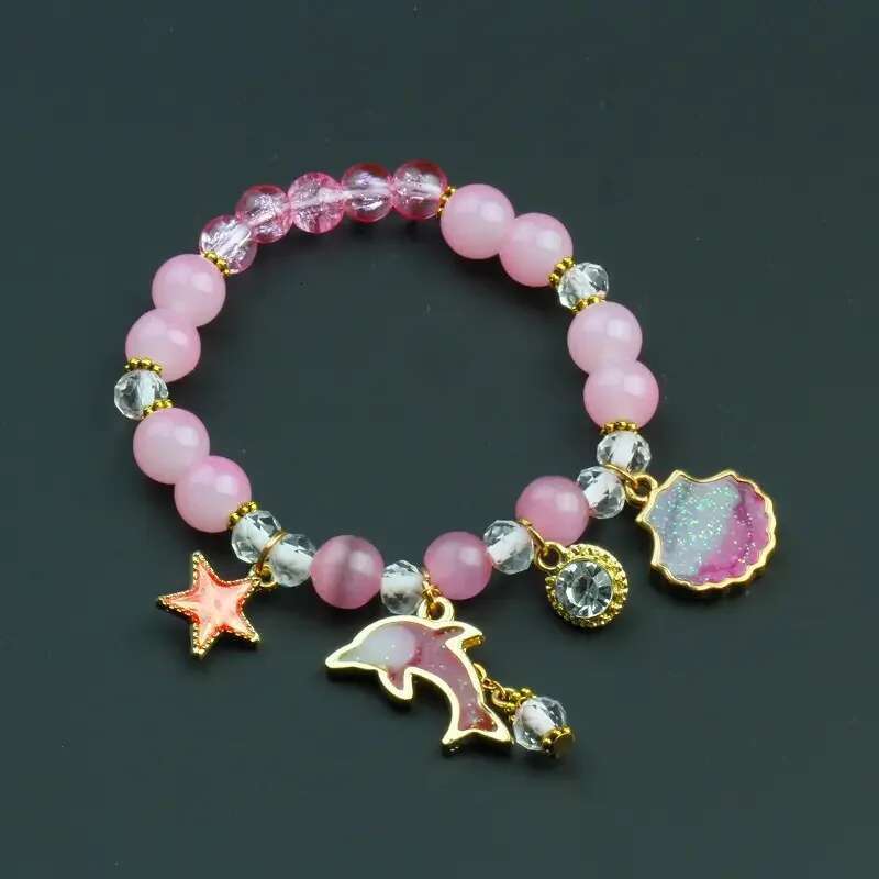 Metal Star Shell Dolphin Charm Pink Beaded Girls Sweet Summer Handmade Elastic Bracelet Ocean Blue Color Lovely Jewelry
