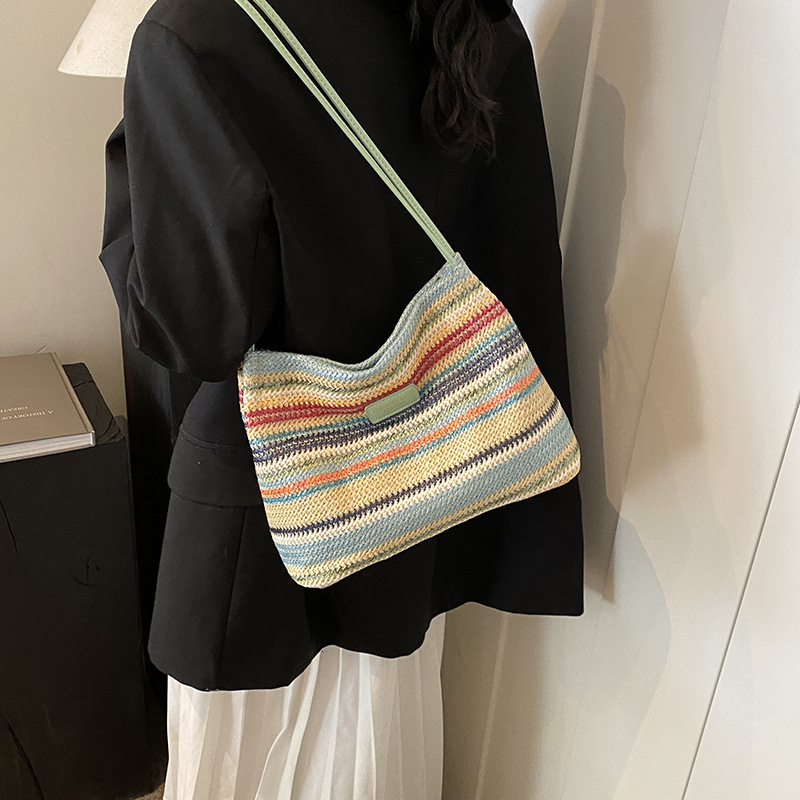 Summer Rainbow Grass Large for Women 2025 New Style Vacation Beach Woven Shoulder Commuter Tote Bag #swissmilitary