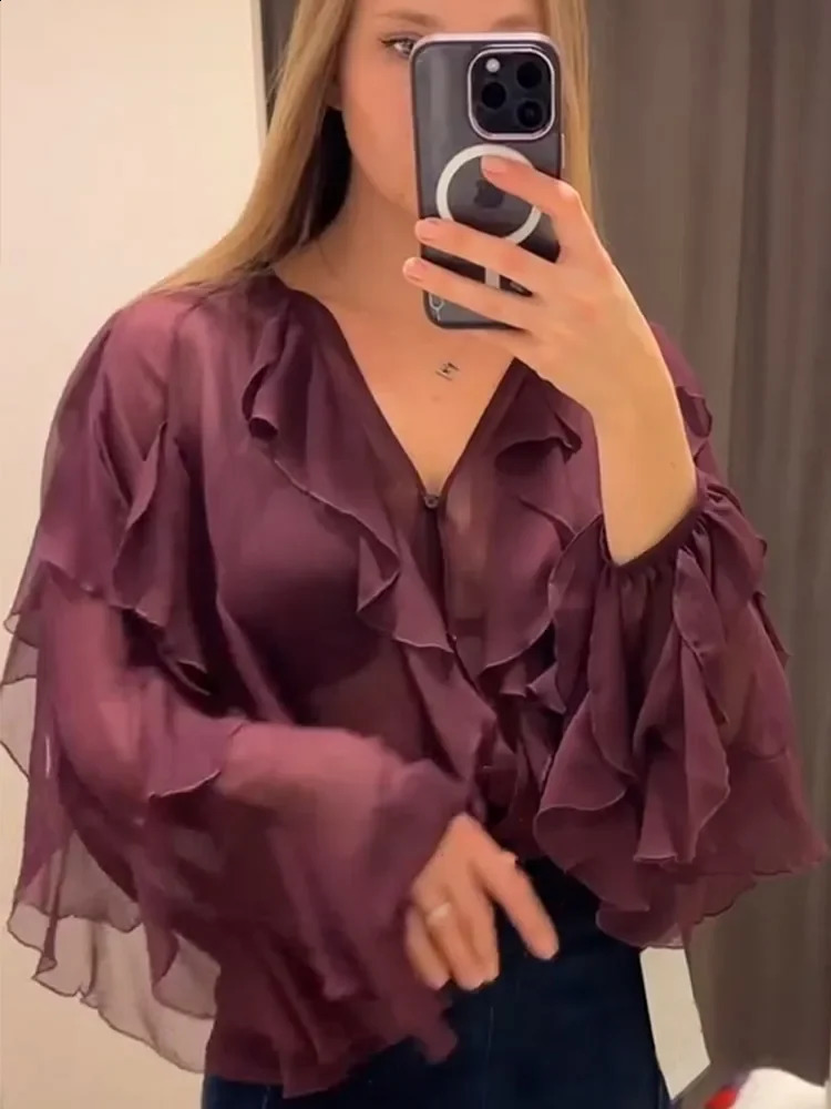 Elegant Solid Ruffle V-neck Long Sleeve Blouse Womens Chic Single Breasted Perspective Shirt Spring Lady Commute Tops 250225