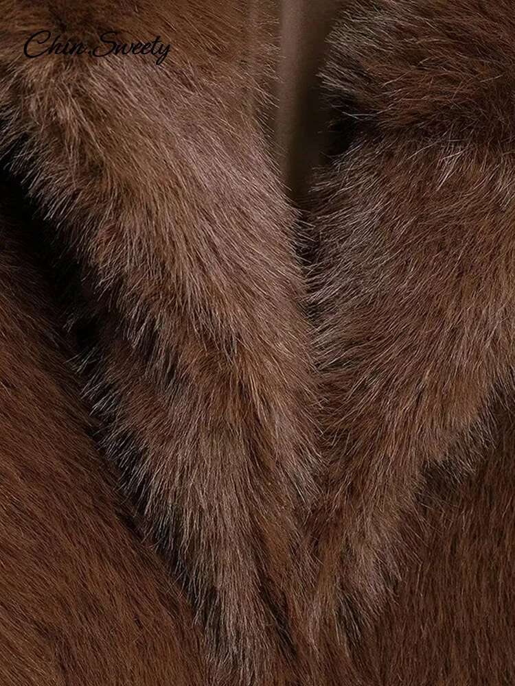 Brown Lapel Faux Fur Short Coat Women Fluffy Long Sleeve Warm Thick Loose Jacket 2024 Autumn Winter Lady High Street Outwear
