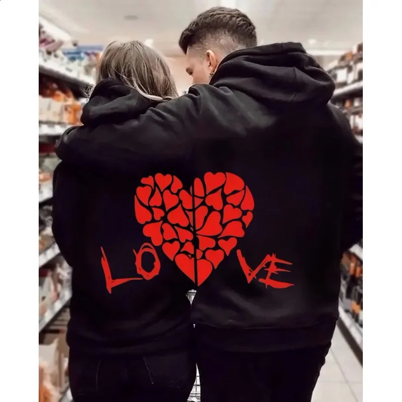 Love Heart Printed Couple Hoodies Set Womens Sportswear Couple Hoodie Casual Floral Valentines Day Gift 250228