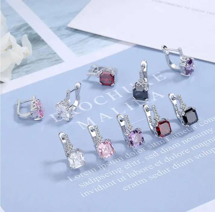 Color Square Zircon Earrings for Women Girl Simple Korean Fashion Sier Needle Ear Buckles Earring Trendy Jewelry