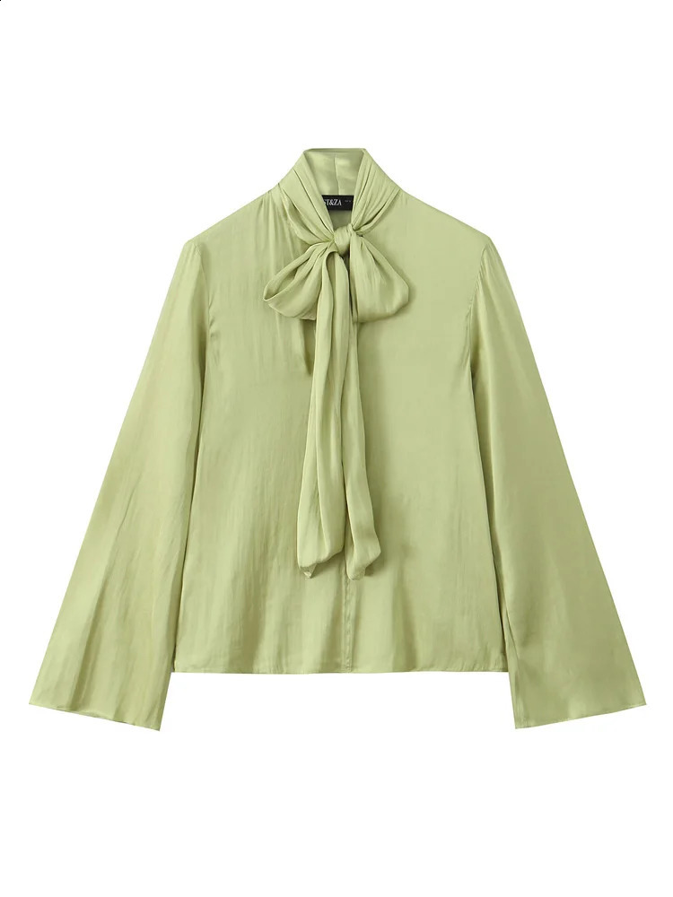 KAOPU ZA Women with tie bow shirt vintage o-neck long sleeve female blouses chic tops 250225